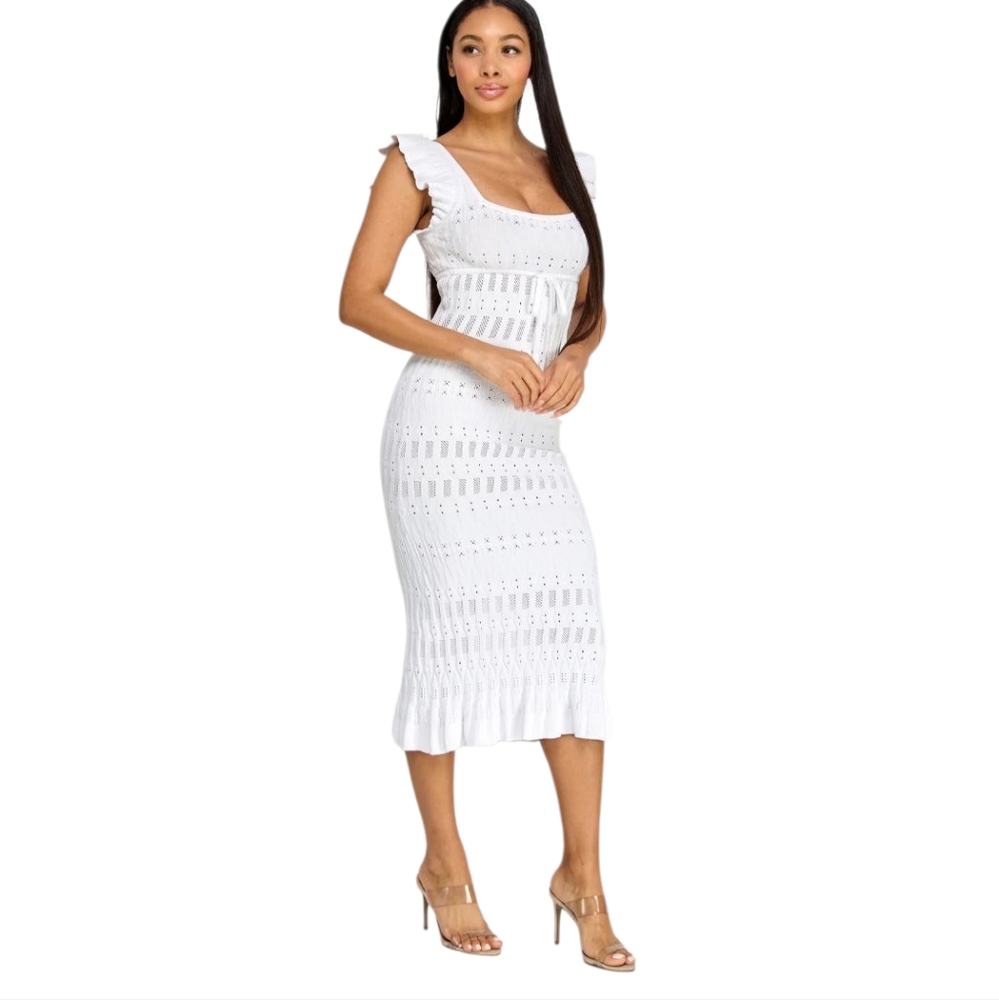 Nwt Spring Haze White Crochet Knit Flutter Cap Sleeves Square Neck Midi Dress